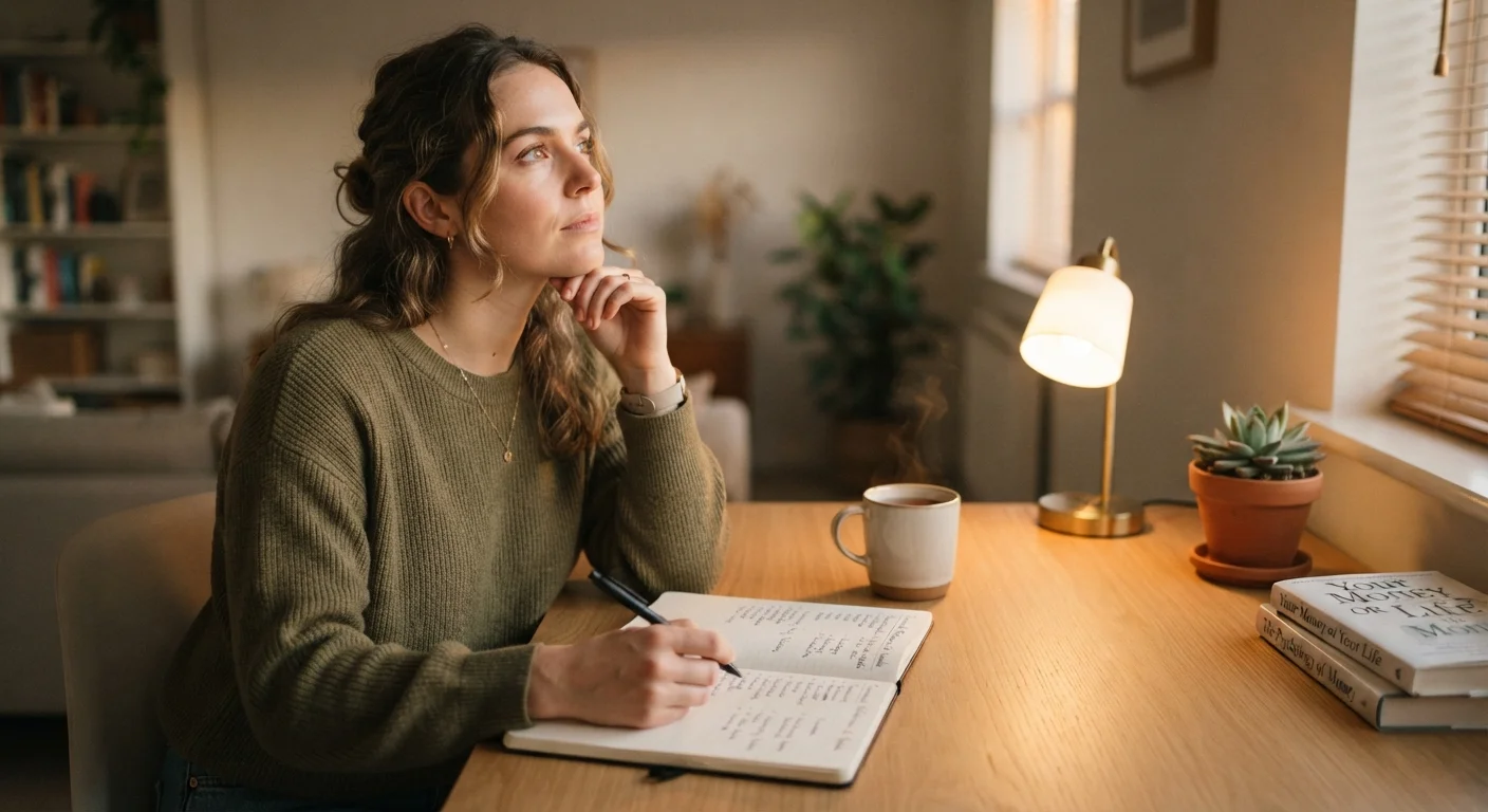 Person sitting at a desk with an open notebook reflecting on personal finance questions