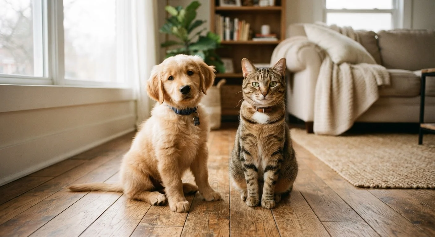 A golden retriever puppy and tabby cat sitting together on a wooden floor indoors