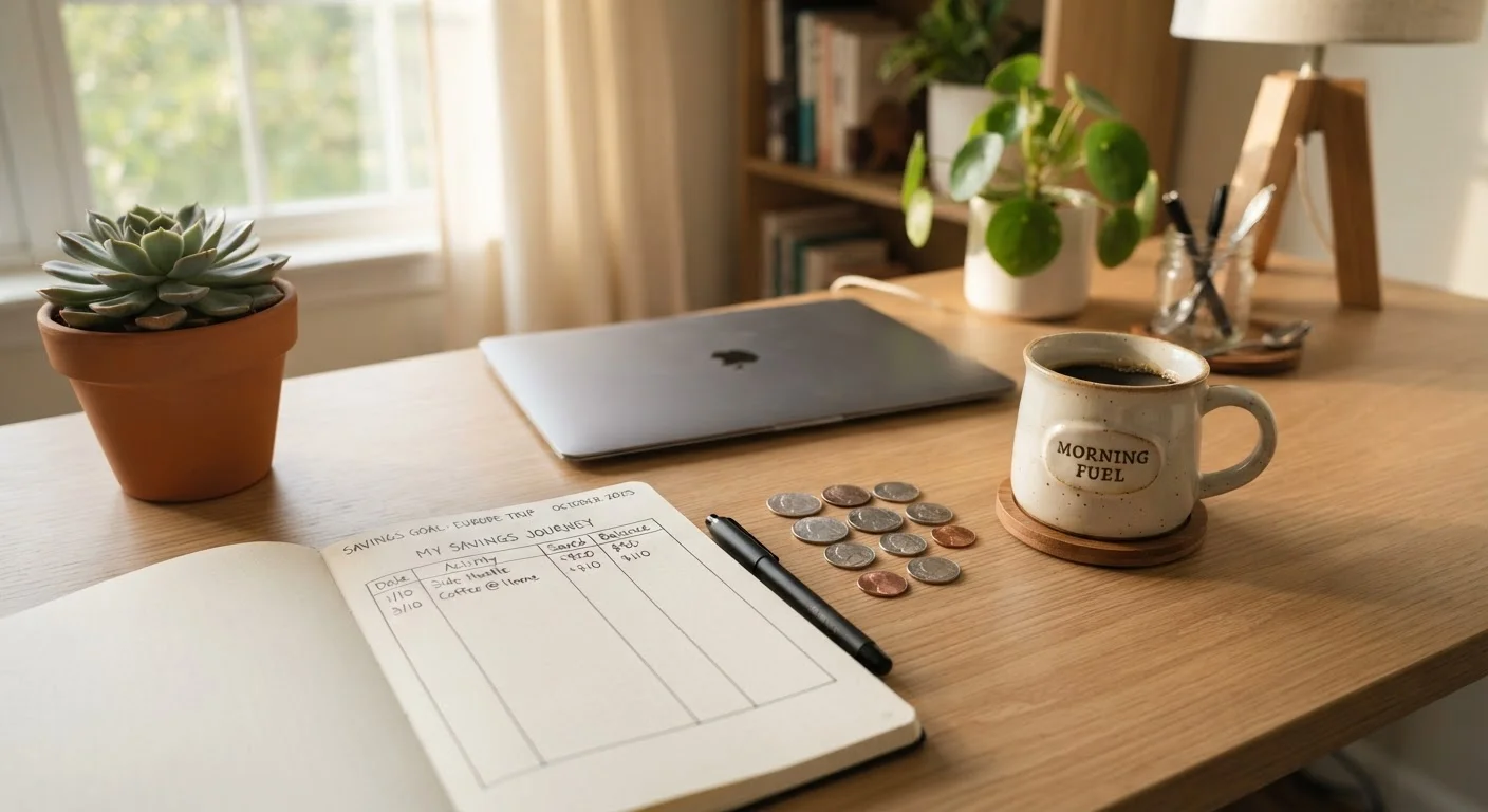 A tidy desk with a savings notebook, coins, and morning light suggesting financial planning