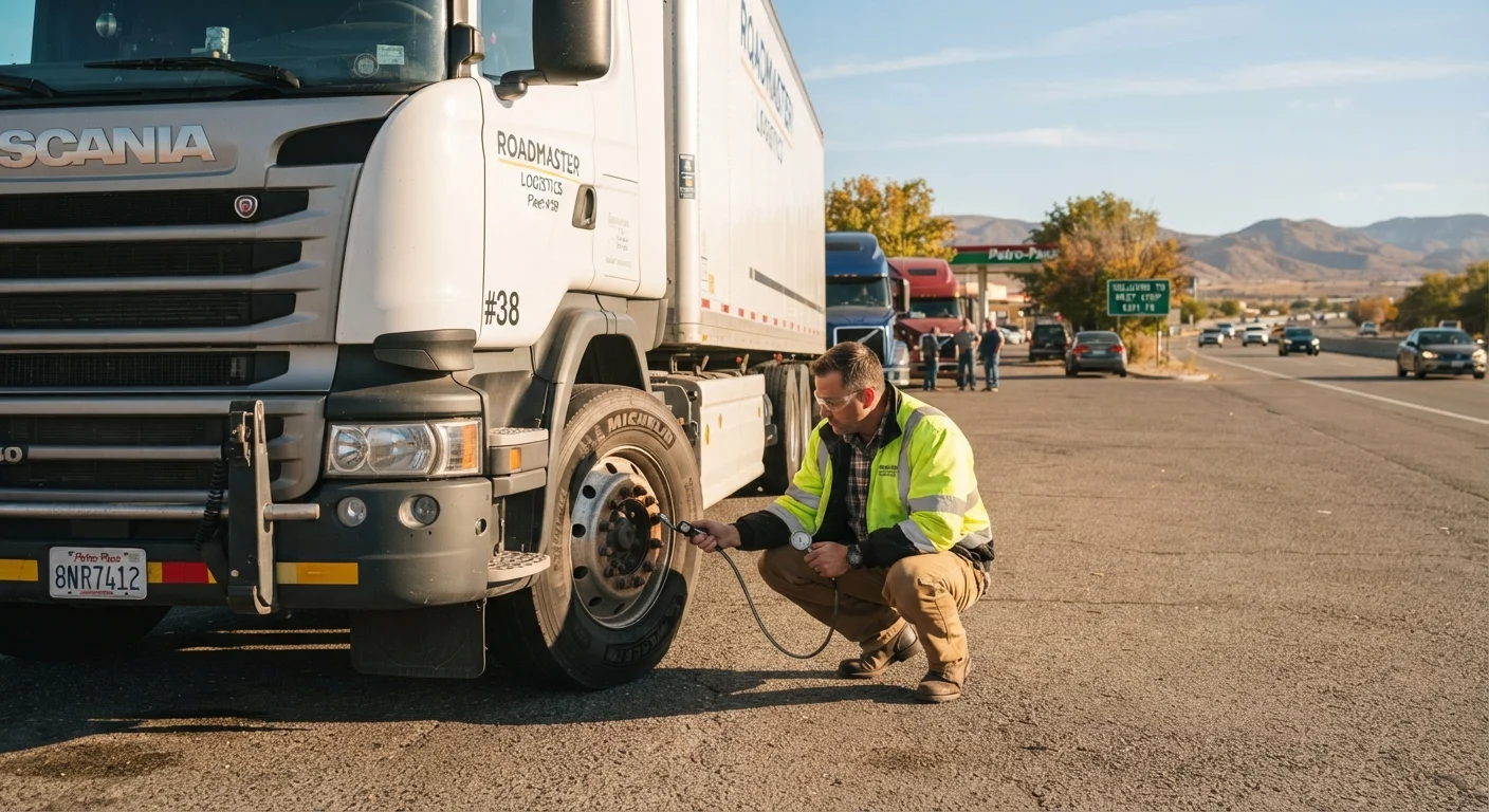 Driver crouching beside a car tyre during a pre-trip vehicle inspection on a clear morning.