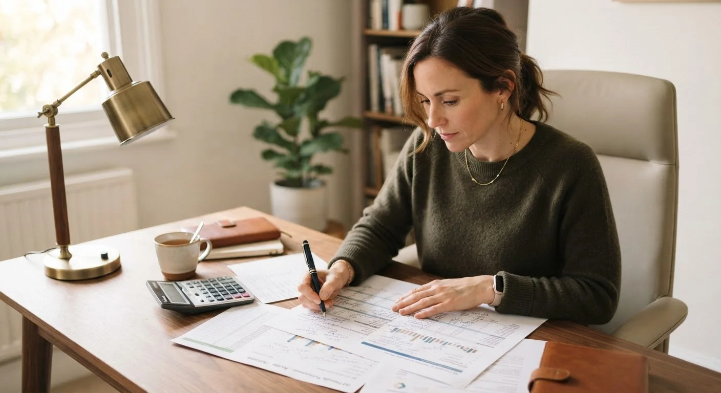 Person reviewing personal loan documents at a desk with a calculator and pen.