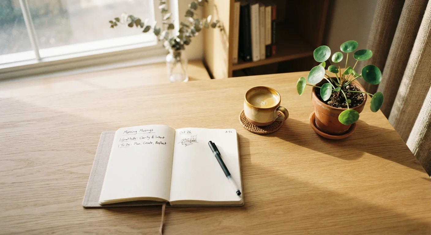 A tidy desk with a notebook and pen bathed in warm morning sunlight, symbolizing intentional financial planning