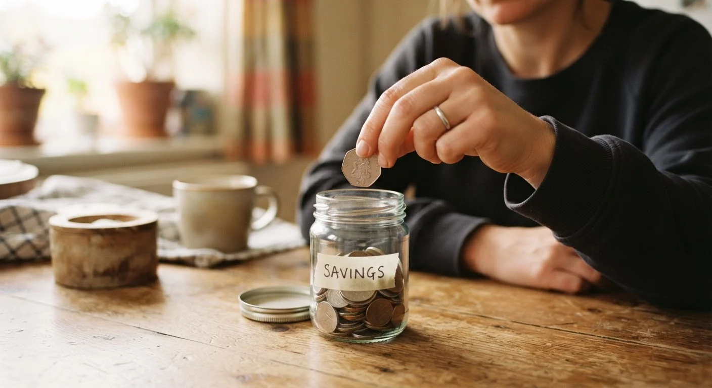A person placing a coin into a savings jar on a simple kitchen table