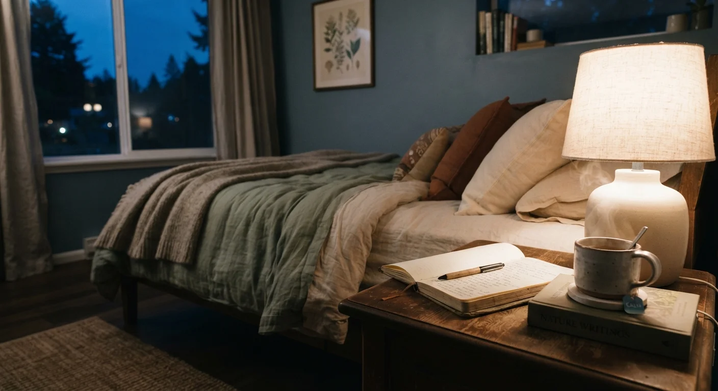 Cozy bedroom at night with warm lamp light, journal, and herbal tea on nightstand
