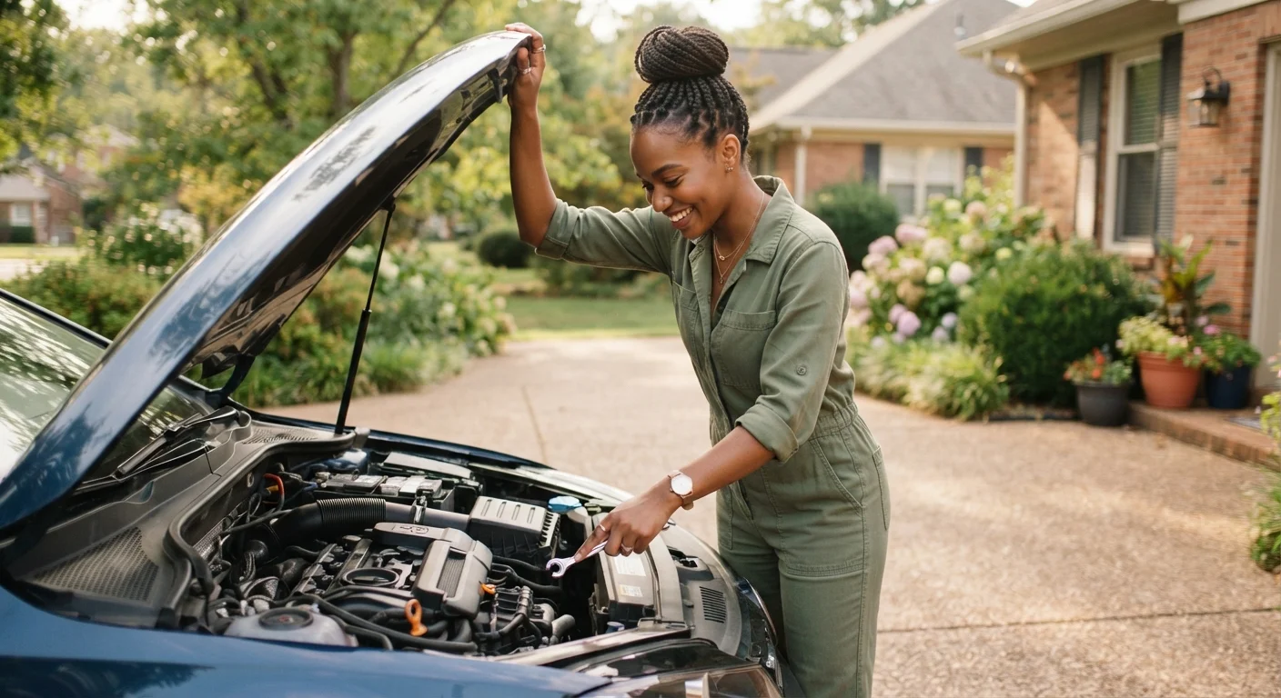 First-time car owner checking under the hood of their vehicle in a sunny driveway