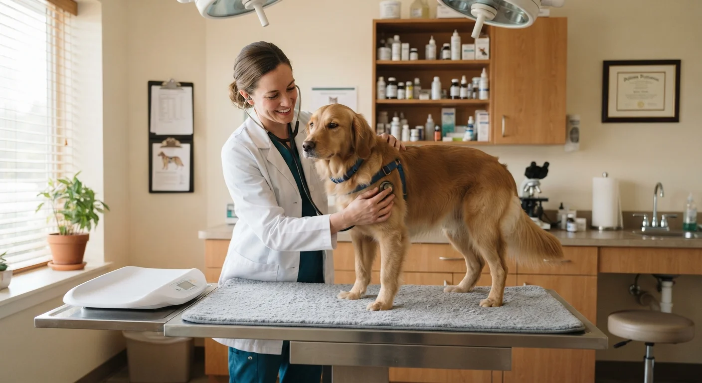 A dog being carefully examined by a veterinarian on a clinical examination table.