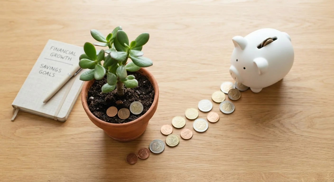 Coins, a piggy bank, and a small growing plant arranged on a wooden surface