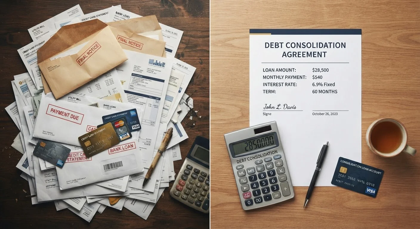 A stack of multiple bills and credit cards beside a single consolidated loan document and calculator.