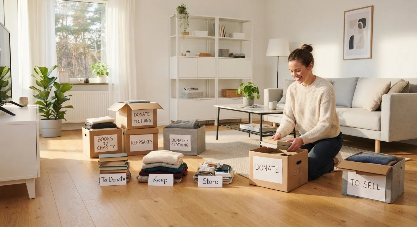 A tidy living room being organized with sorted piles and labeled storage boxes