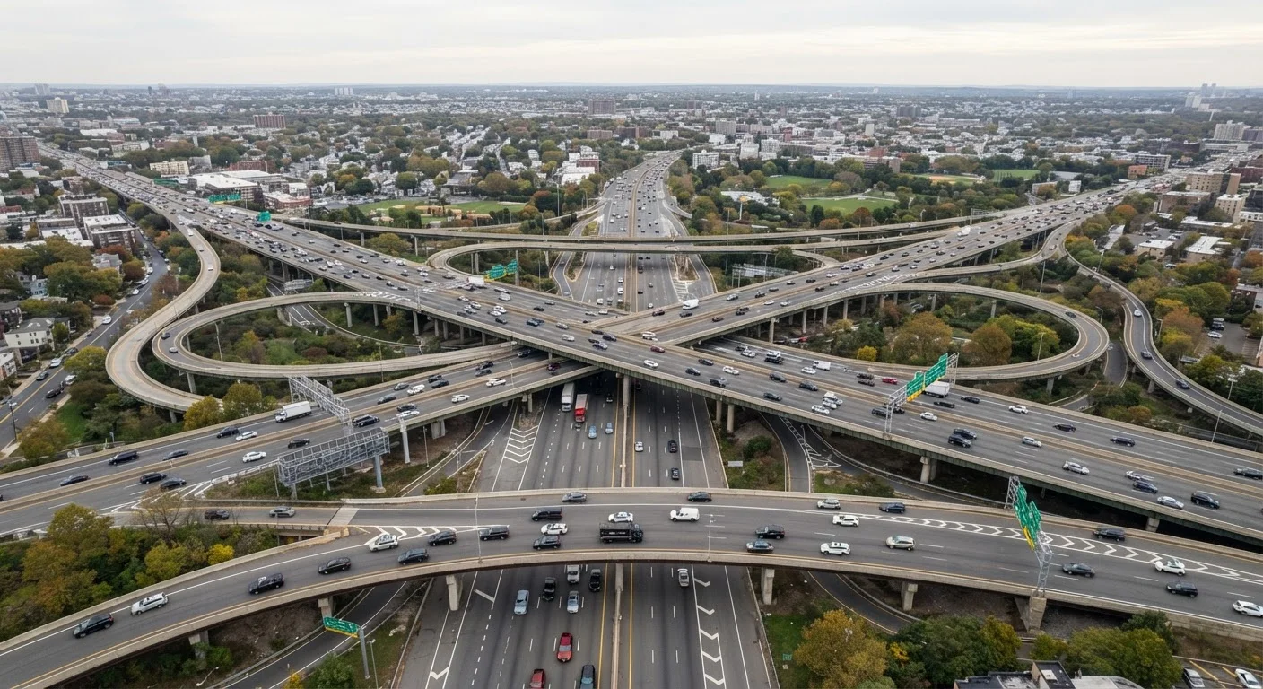 Aerial view of a multi-lane highway intersection with cars maintaining safe following distances