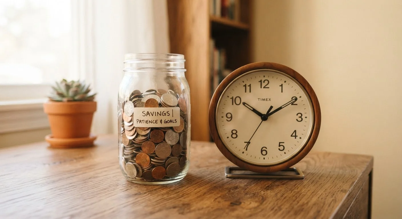 Glass jar of coins next to a clock on a wooden desk symbolizing saving over time.
