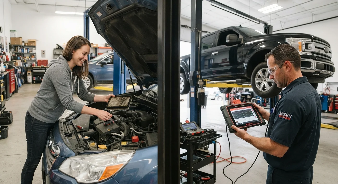 Split scene comparing a DIY car maintenance task at home versus a mechanic working professionally in a shop.