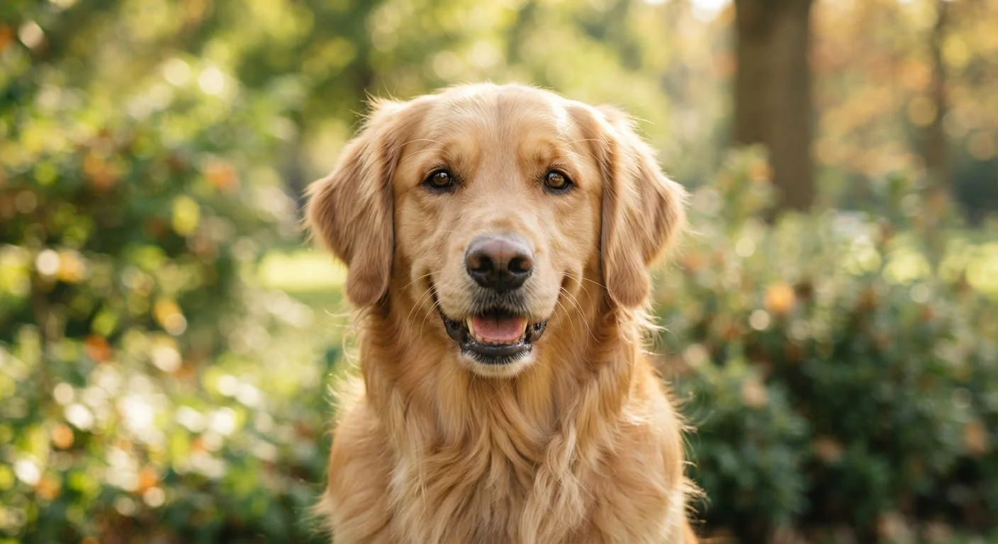 A relaxed golden retriever making soft eye contact outdoors in natural light