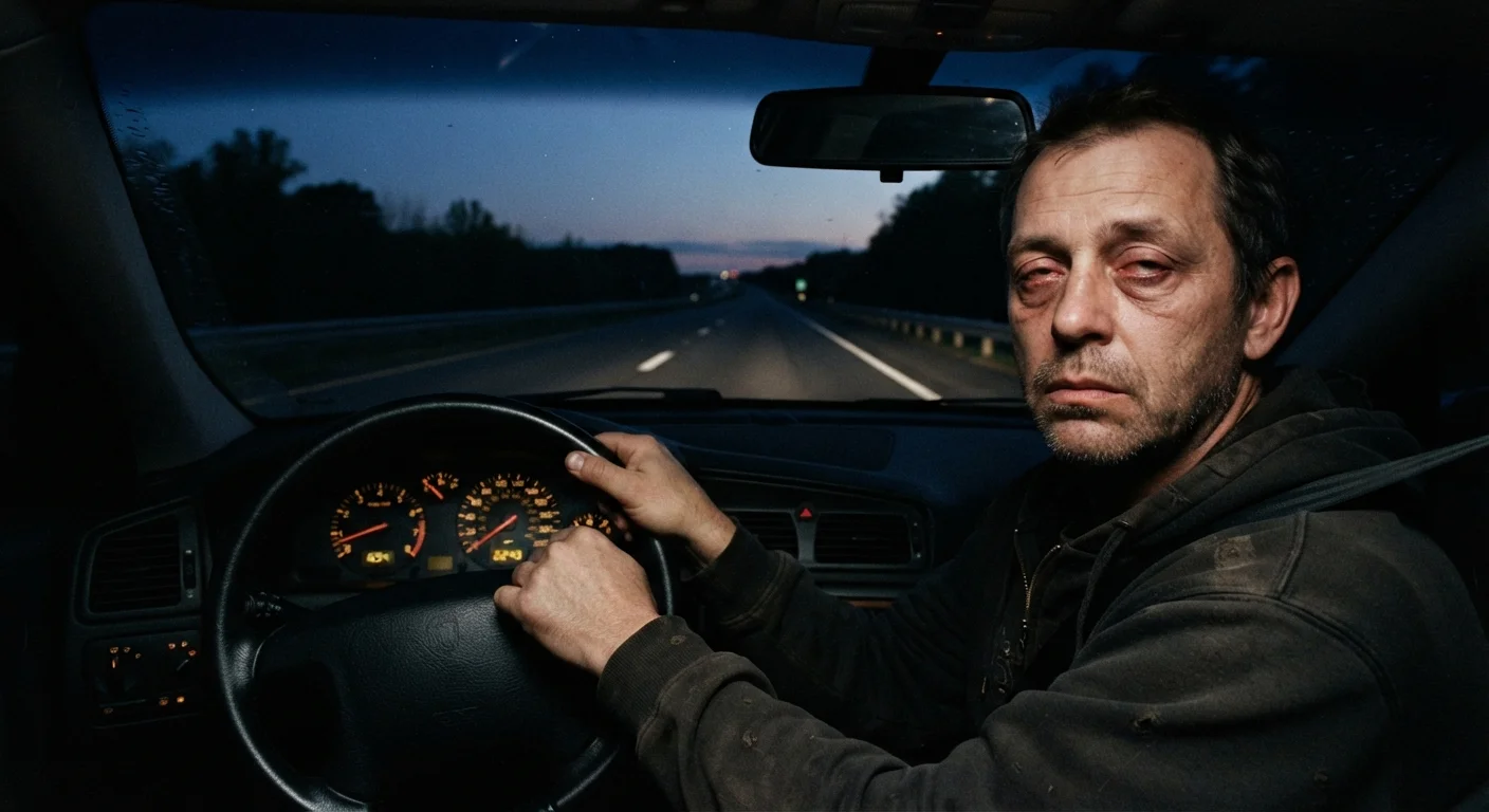 Tired driver gripping steering wheel on a long empty highway at dusk