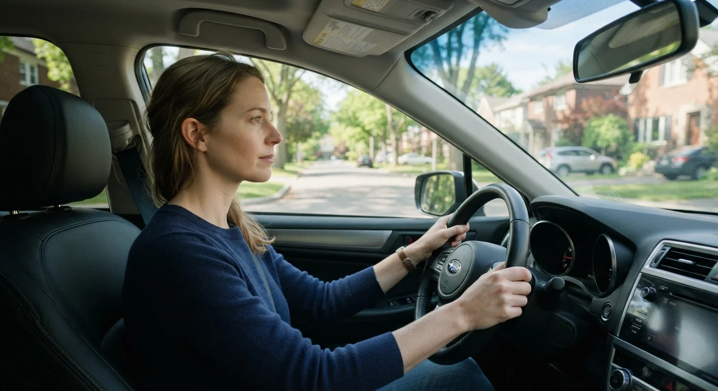 Driver sitting calmly in a parked car, hands on steering wheel, looking ahead at a quiet road