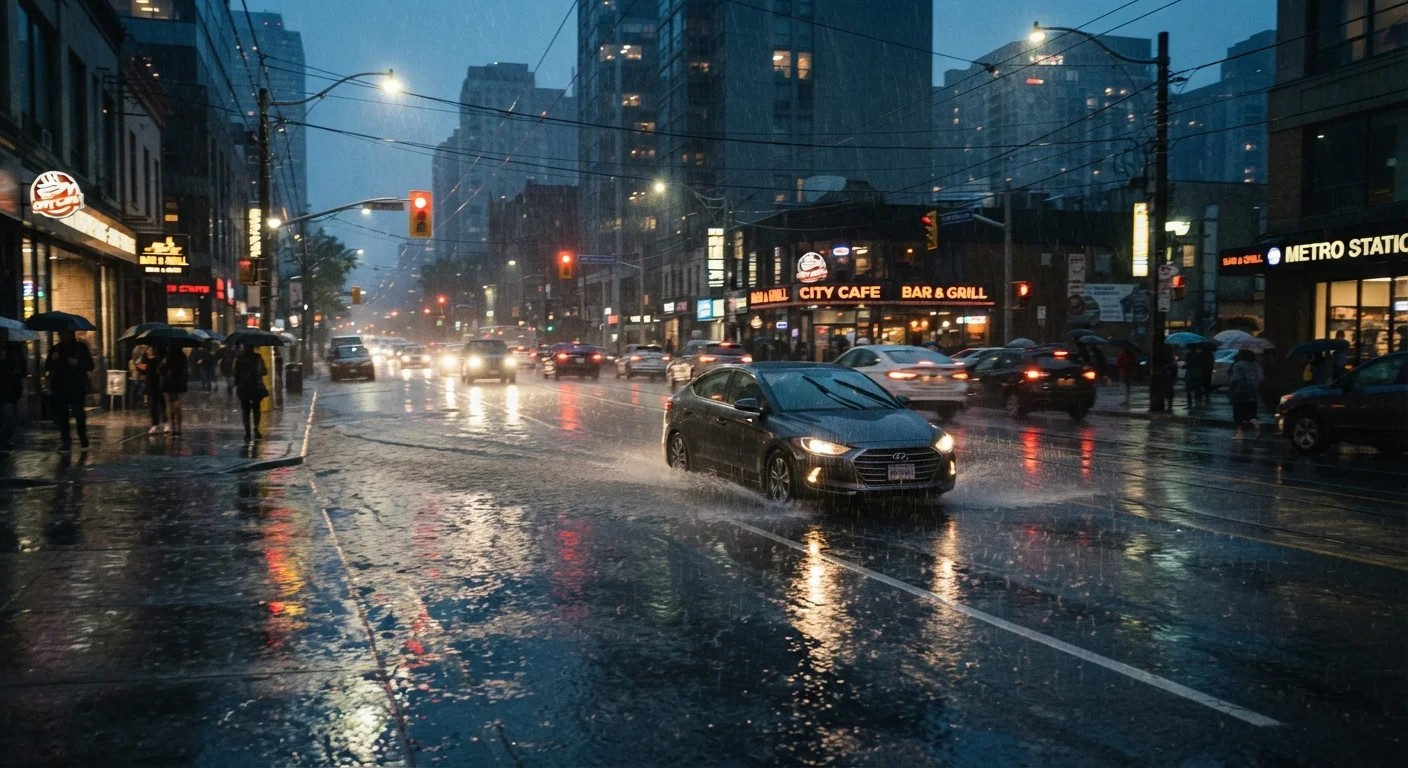 Car driving through rain-soaked urban road with wet asphalt reflecting headlights