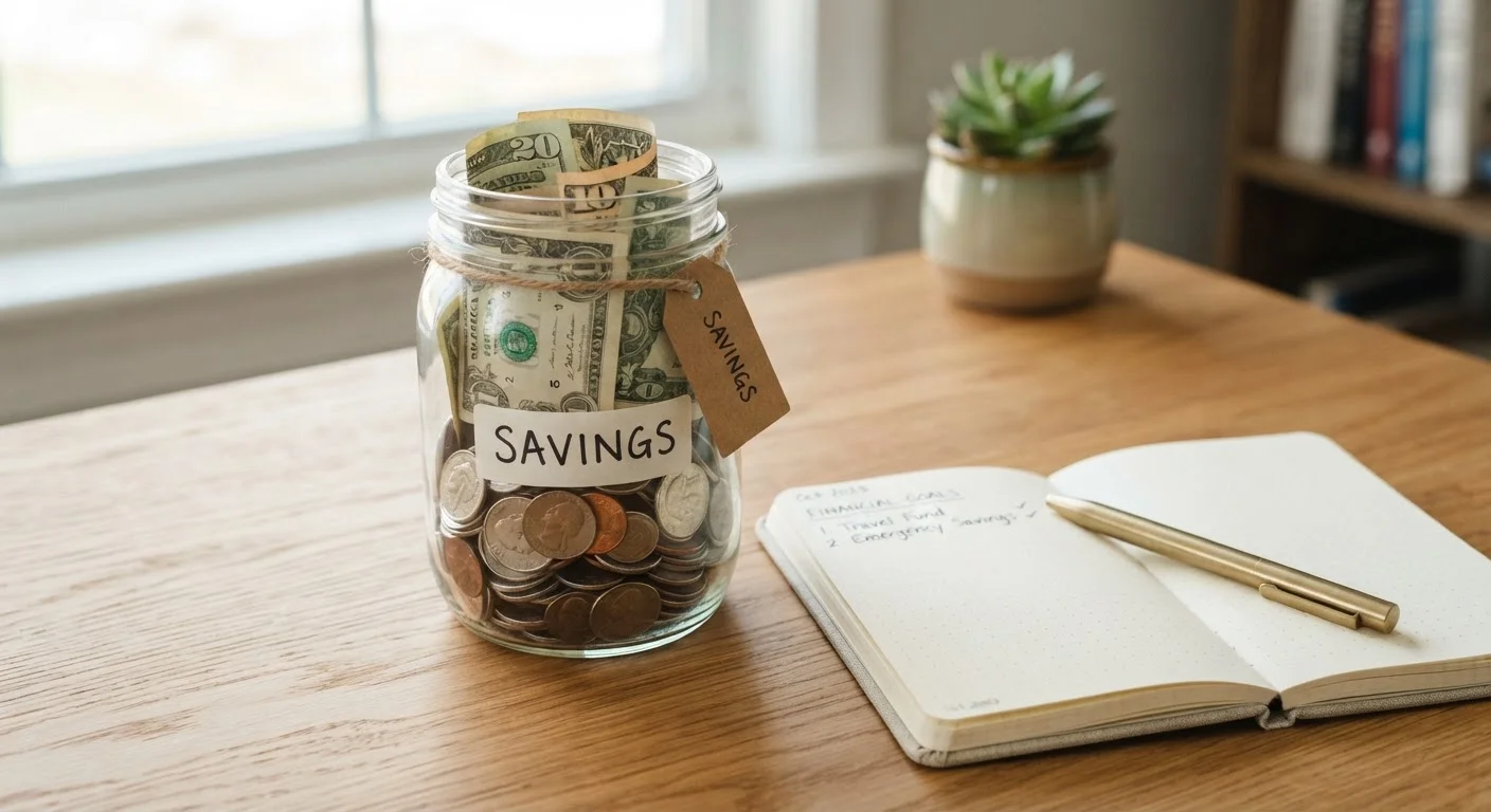 Glass jar filled with coins and cash on a wooden desk beside a notebook