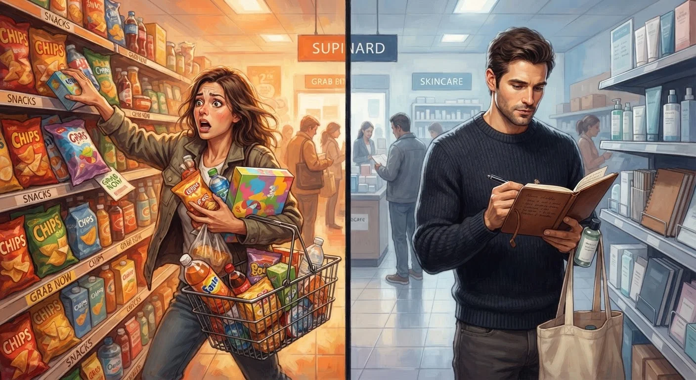 Two contrasting scenes showing impulsive shopping versus calm, deliberate spending decisions.