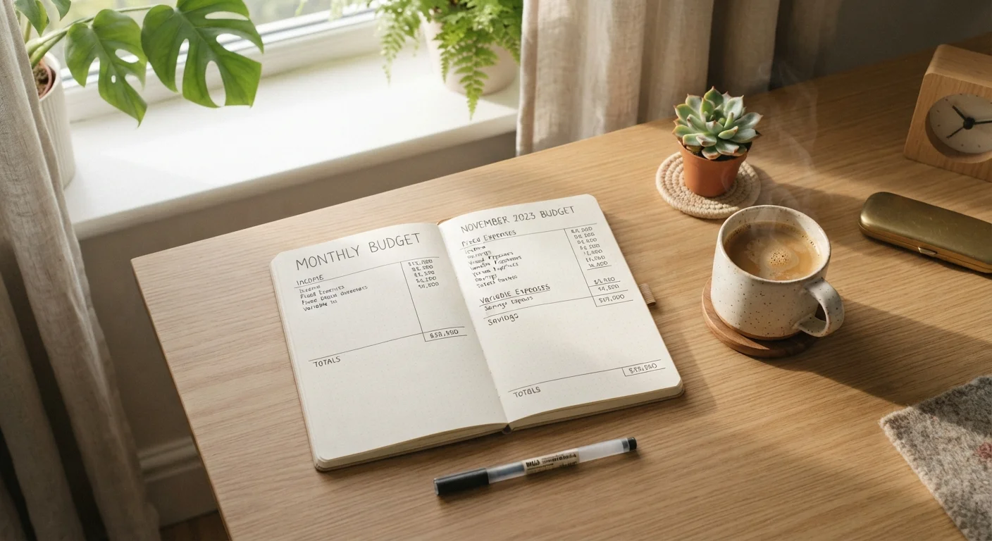 Organized desk with an open budget notebook, coffee cup, and small plant in morning light