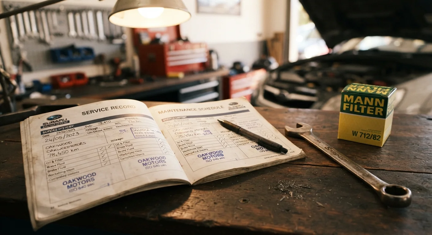 Open vehicle service schedule booklet on a mechanic's workbench beside tools