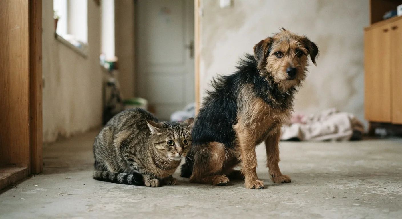 A dog showing fearful posture beside a cat displaying tense, aggressive body language indoors.
