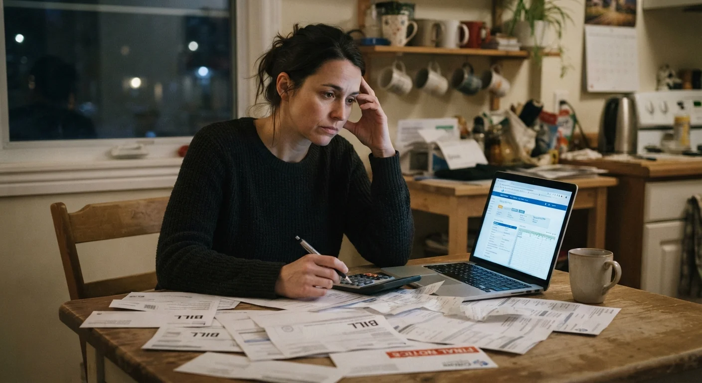 Person sitting at a kitchen table reviewing financial documents with a thoughtful expression