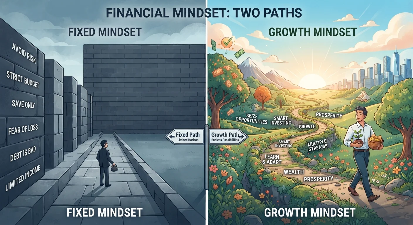 Two diverging paths symbolising fixed and growth mindset approaches to personal finance