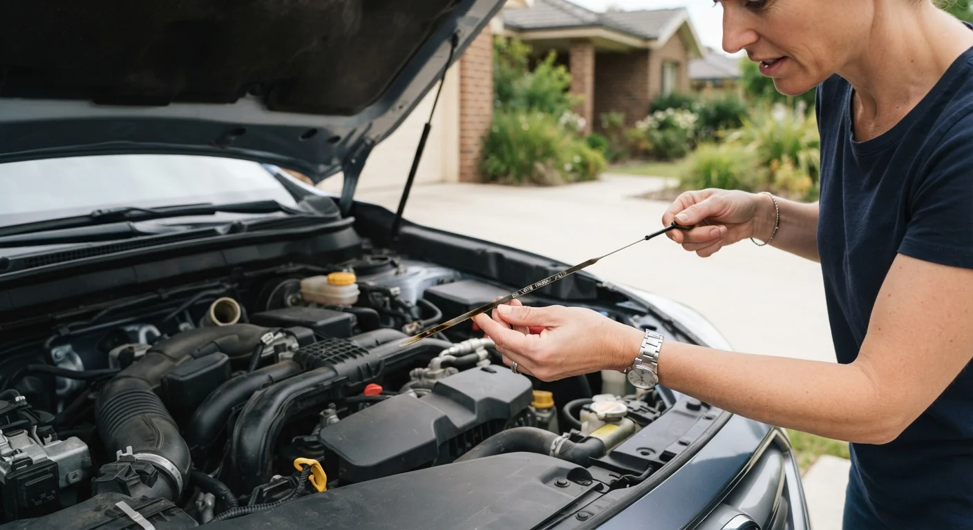 A driver checking engine oil level using a dipstick under an open car hood