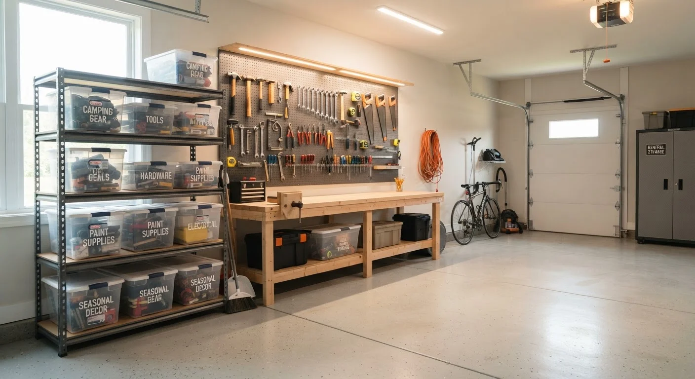 A tidy, well-organized garage with labeled bins, shelving units, and tools hung on a pegboard