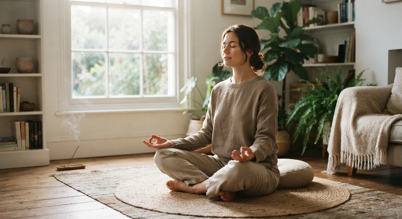 Person sitting calmly on a floor in soft natural light practicing a grounding exercise.