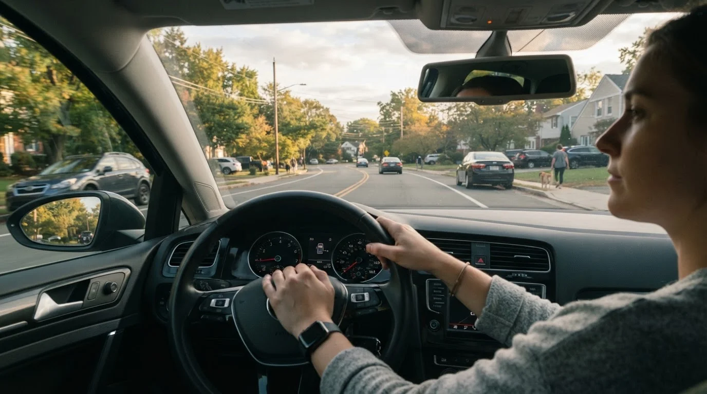Driver with relaxed grip on steering wheel on a familiar suburban road in afternoon light