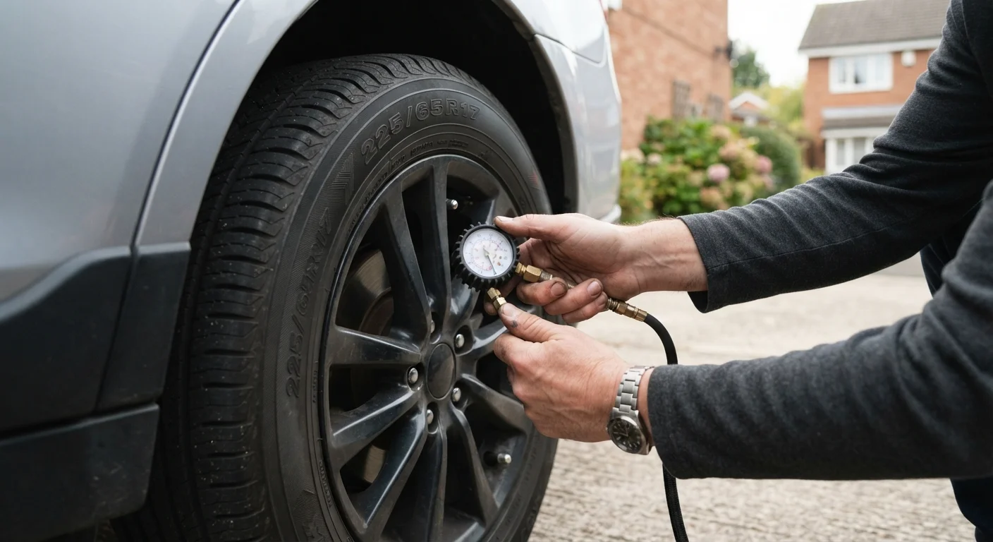 A driver checking tyre pressure on a car wheel in a sunny driveway
