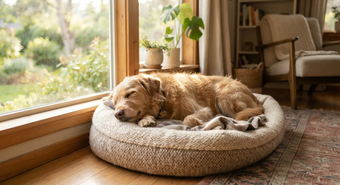 A calm dog resting on a cozy bed near a sunny window inside a home.