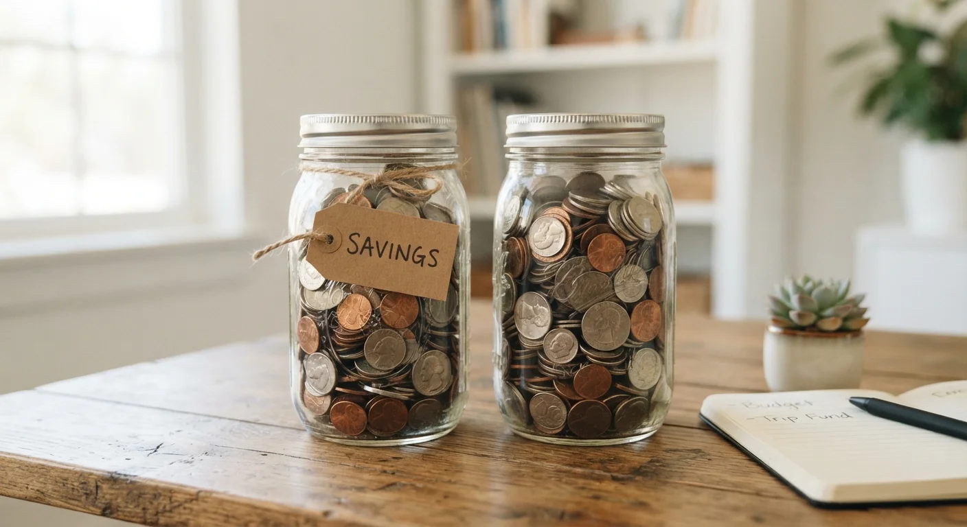 Two glass jars filled with coins placed side by side on a wooden desk