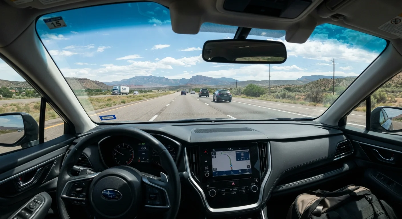 Driver's perspective inside a car merging onto a wide US highway with light traffic ahead