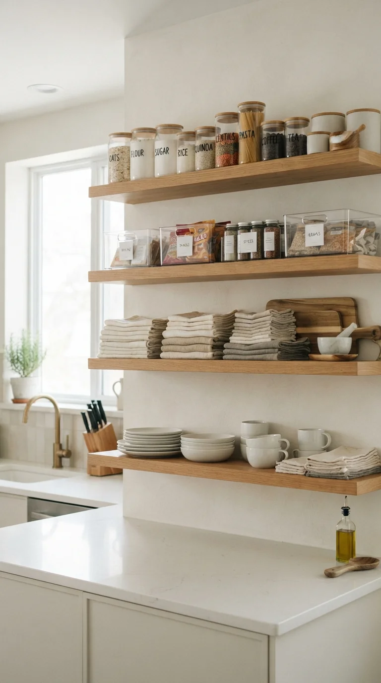 Neatly organised kitchen shelves with labeled containers and folded items arranged in rows.