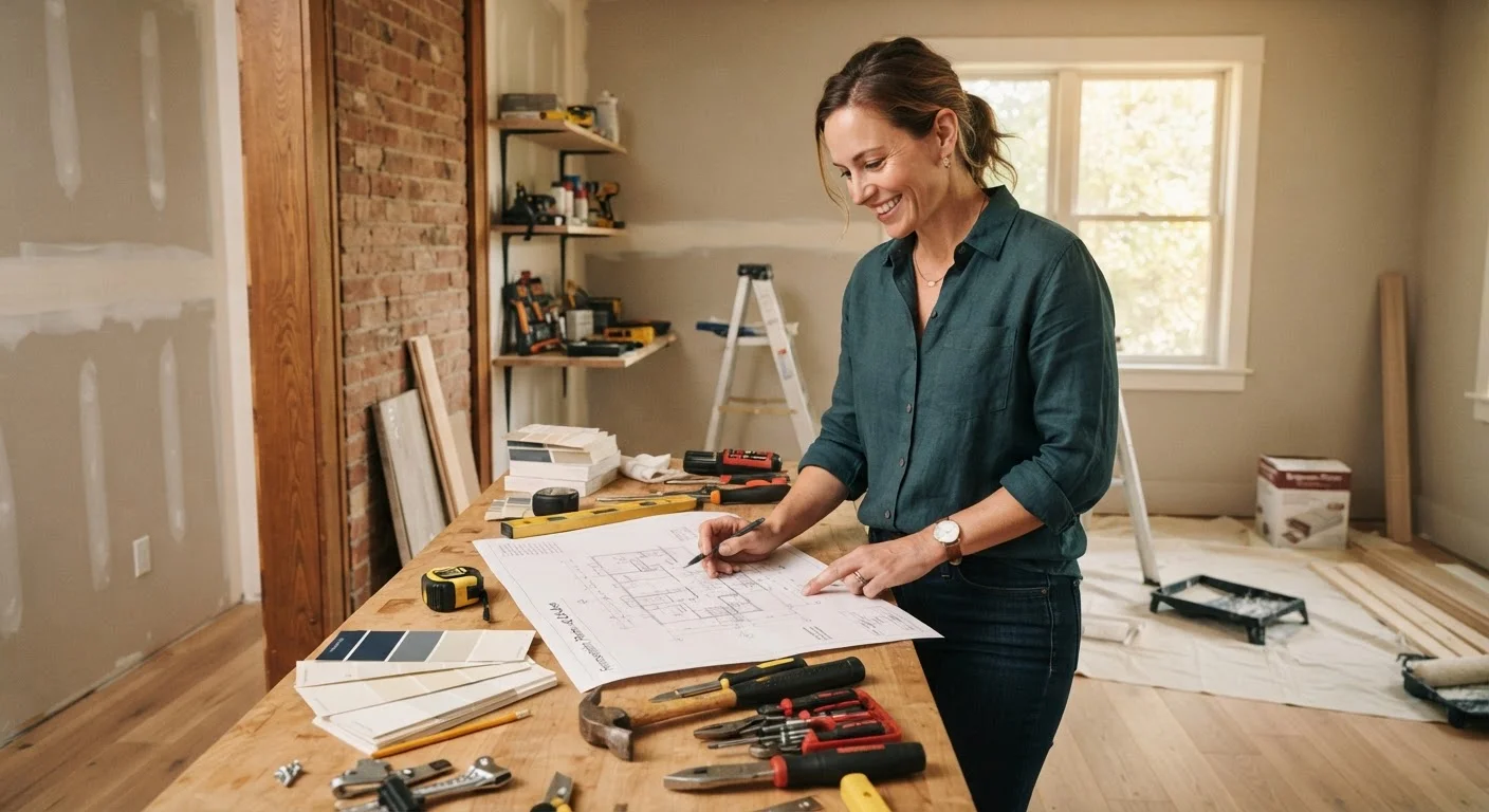 Homeowner reviewing renovation plans surrounded by tools and paint swatches in a bright room
