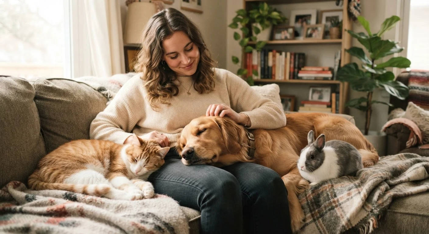 Person relaxing at home surrounded by a dog, cat, and rabbit showing affectionate bonding behaviors