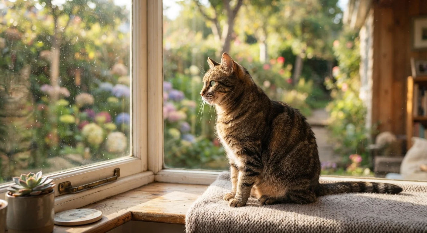A tabby cat perched on a windowsill gazing outside at a green garden in sunlight