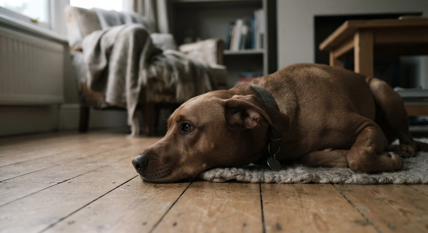 Dog lying on floor with flattened ears and averted gaze, displaying subtle stress signals