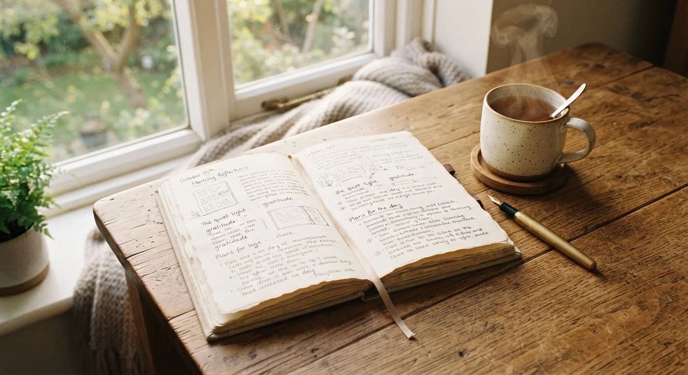 Open journal with handwritten pages on a wooden desk beside a warm mug in soft morning light