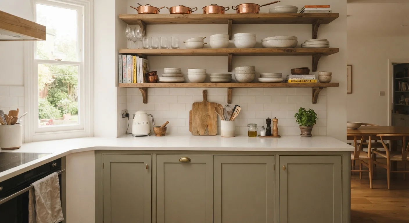 A clean, well-organised kitchen with clear countertops and neatly arranged shelves
