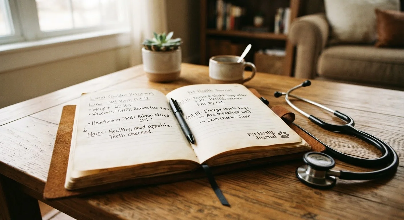 Open pet health journal notebook beside a stethoscope on a wooden table