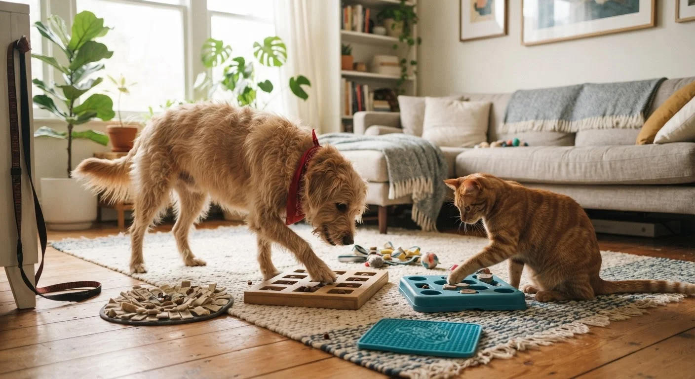 A dog and cat playing with enrichment toys inside a sunlit living room