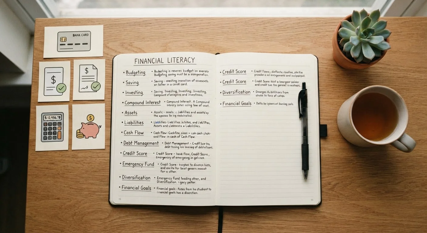 Open notebook with handwritten debt and finance terms alongside a pen and calculator