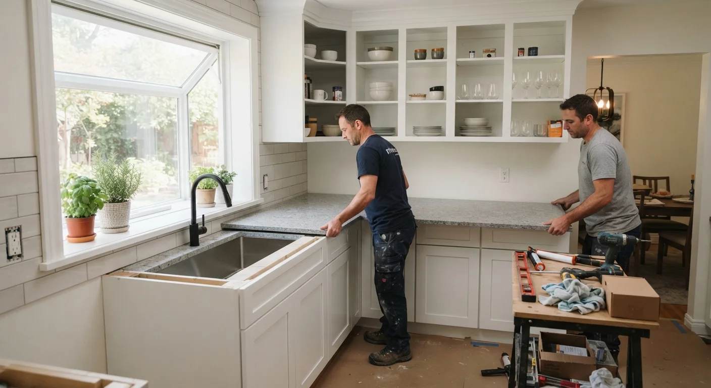 A modern kitchen mid-renovation showing new cabinets, countertops, and fresh paint in progress