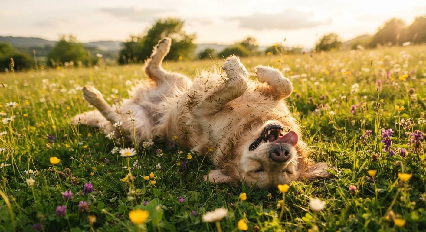 Golden retriever rolling on its back in a grassy field on a sunny day