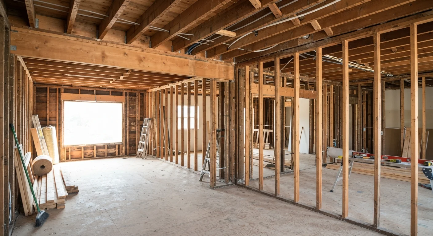 Exposed wooden wall framing and structural beams inside a home under renovation