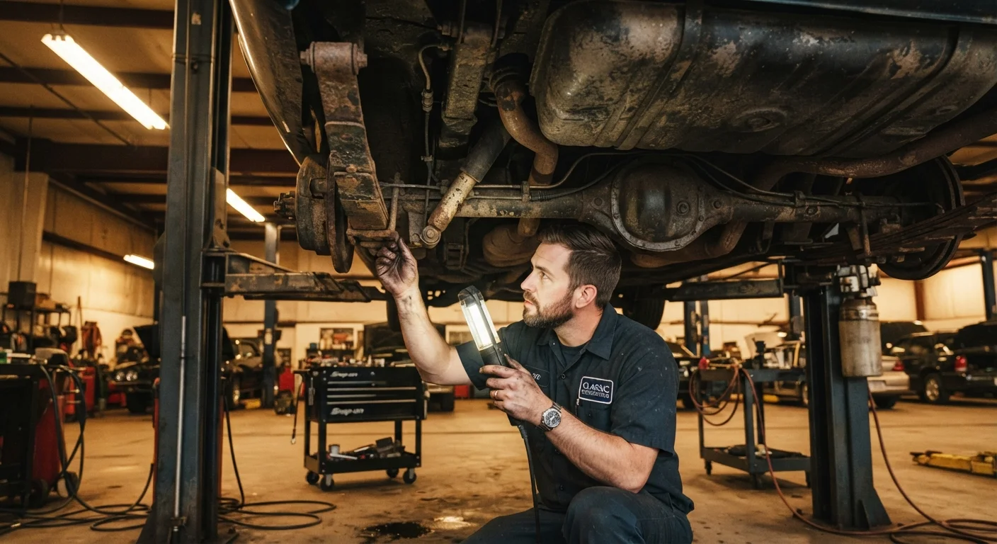 Mechanic inspecting the underside of an older vehicle raised on a workshop lift