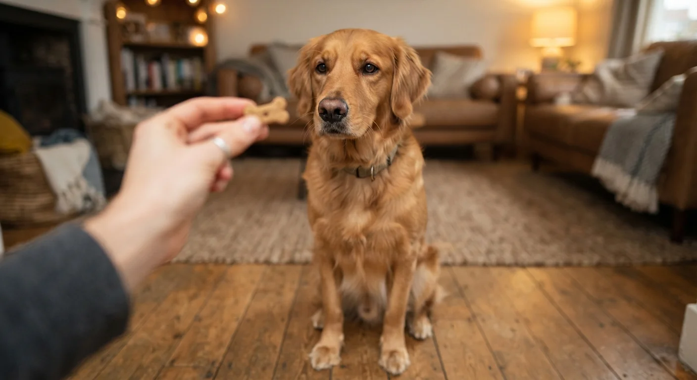 A dog sitting calmly and attentively while a person offers a training treat